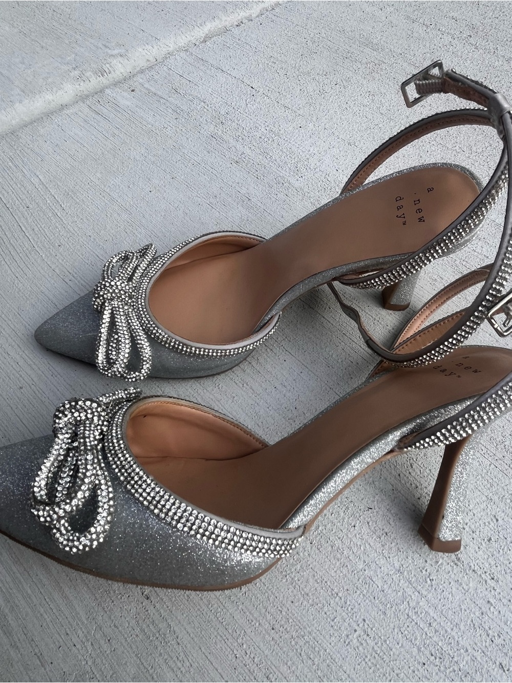 Glitter Rhinestone Party Bow Bling Slingback Heels - Silver Size 7.5